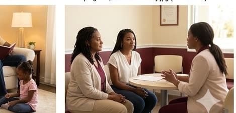 Young adult and caregiver in a calm follow-up care conversation