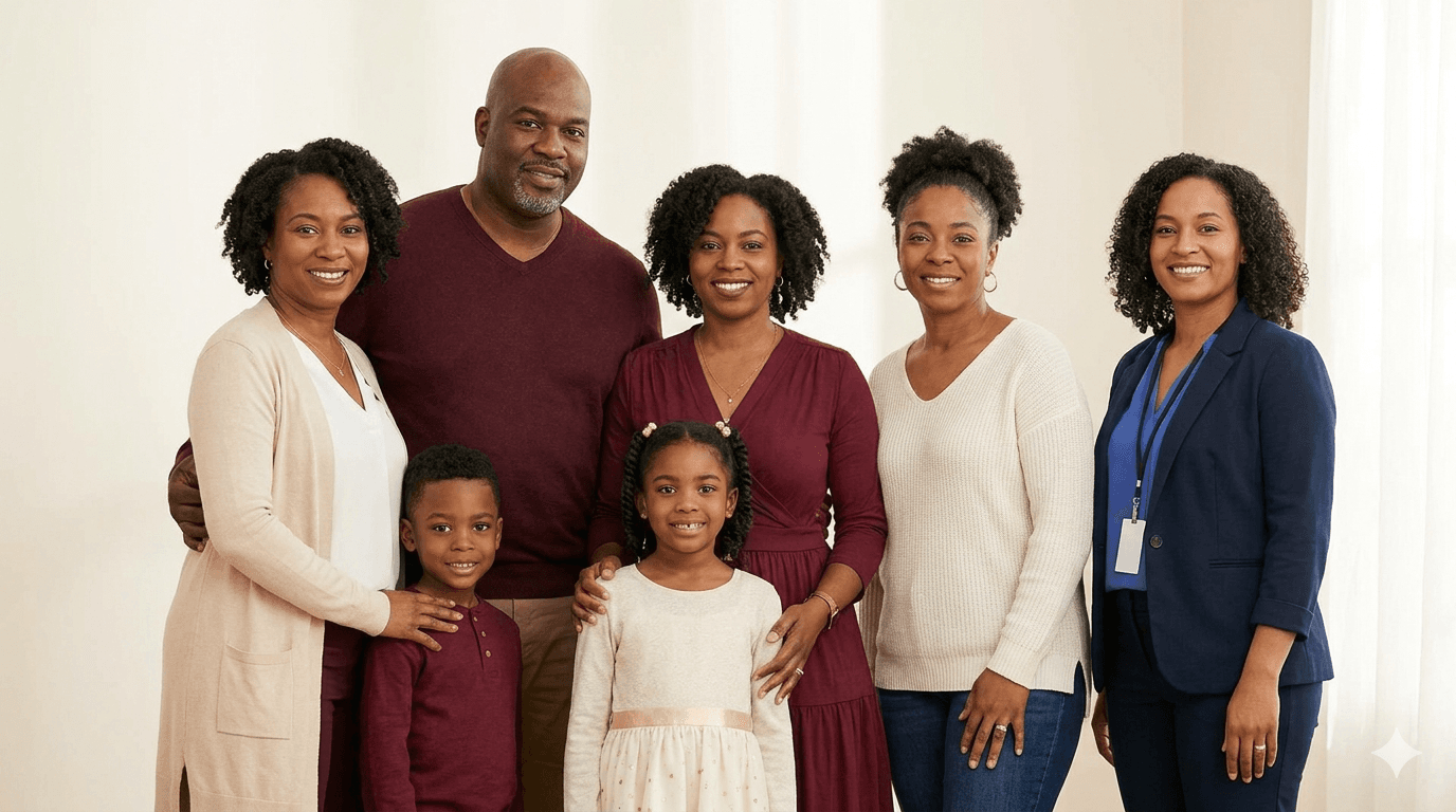 Family seated together as their story is honored with care